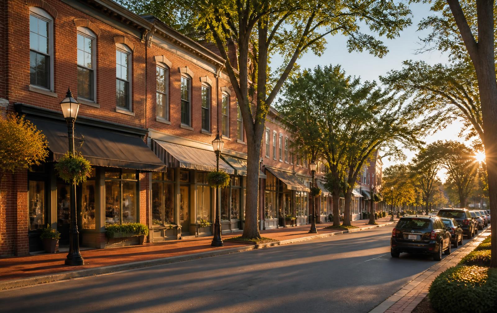 Historic brick storefronts on a tree-lined downtown street in Bridgeton, Cumberland County, New Jersey